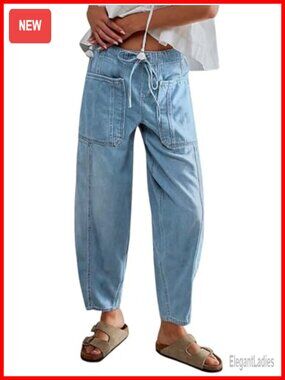 Baggy Wide Leg Barrel Jeans Women Drawstring Elastic Waist